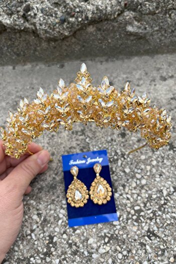 Hobigram Σετ σκουλαρίκια και στέμμα Aldonsa Gold Bride Henna Crown Special Day Accessory Γυναικείο σετ σκουλαρίκια και στέμμα
