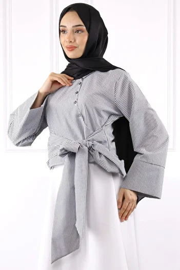 İmajButik Gray Tie Waist Crop Shirt