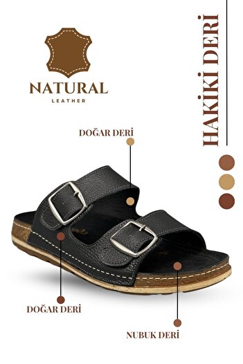 Moda Anna Double Buckle Adjustable Genuine Leather Men's Slippers Natural Leather Slippers t Black