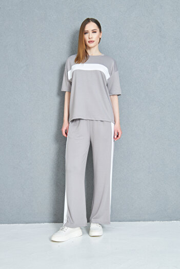 let s shine Women's Front Stripe Detailed Modal Fabric Short Sleeve Tracksuit Set