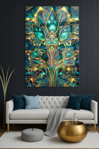 TAULART Glitter Emerald Lotus Flower Glass Table – Modern Decor with Gold Detail Unbreakable Glass Table Luxury Gift