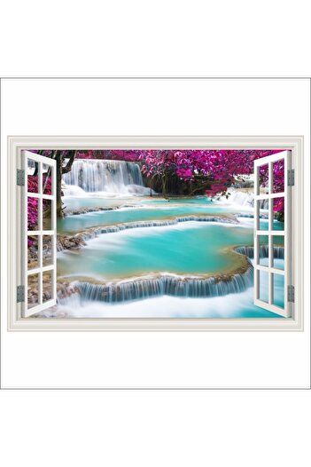 media Self-adhesive and washable wall mural Window Waterfall turquoise, 150 x 100 cm