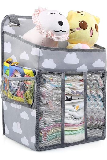 COOYA Baby Hanging Nappy Caddy Bag, With 4 Mesh Side Pockets, 47×27×21cm, for organization, Gray