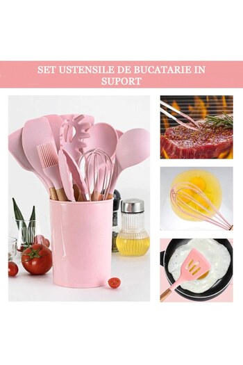 Salestore Set 12 pink kitchen utensils, wood, silicone, with stainless steel holder, non-stick, heat resistant