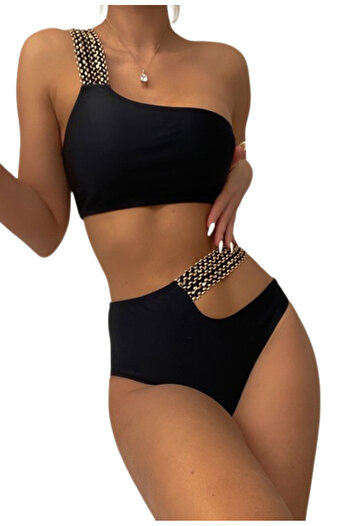 Tessero Women's swimsuit, bustier model with a single strap with gold stitching, drawstring closure, briefs