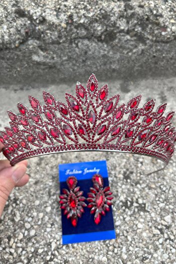 Hobigram Alexa Burgundy Bridal Henna Crown Accesoriu pentru ocazie specială Coroană pentru femei și set de cercei subțiri