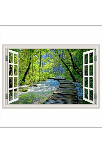 media Self-adhesive and washable wall mural Window Wooden bridge, forest, Plitvice park, 180 x 120 cm