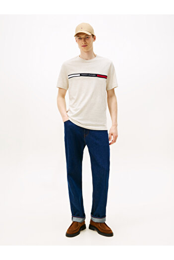 Tommy Hilfiger Men Heathered Oatmilk Logo Short Sleeve T-Shirt