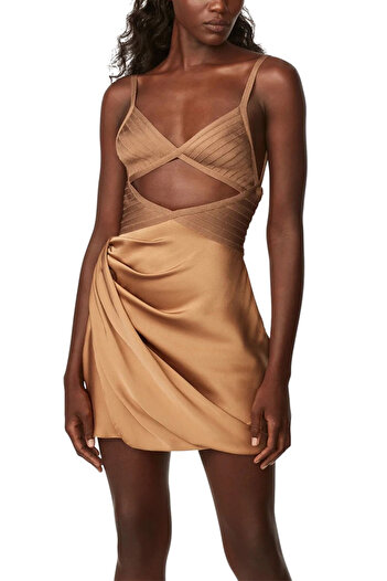Herve Leger MINI DRAPED CUTOUT DRESS - HERVE LEGER X LAW ROACH - BROWN, S