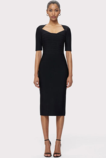 Herve Leger ICON BANDAGE PORTRAIT MIDI DRESS - HERVE LEGER - L, BLACK