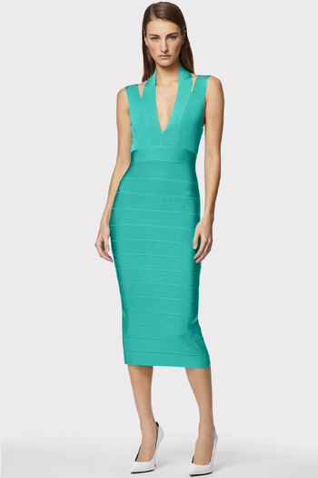 Herve Leger CUTOUT PLUNGING MIDI DRESS - HERVE LEGER - GREEN, S