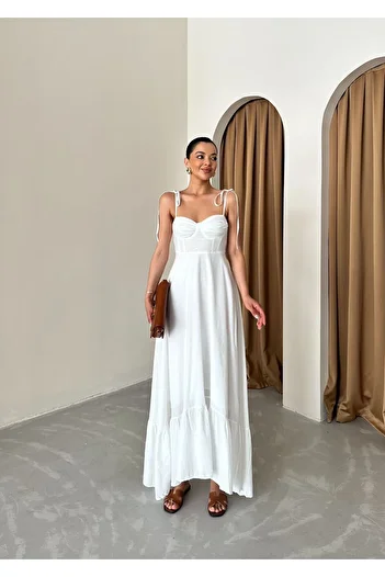 Afiş Butik Λευκό μακρύ φόρεμα με λεπτό λουράκι με λεπτομέρεια δεσίματος