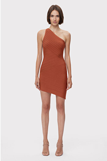 Herve Leger ICON ASYMMETRICAL MINI DRESS - HERVE LEGER - BROWN, S