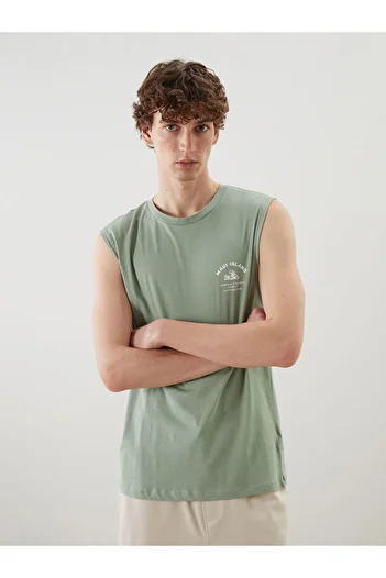 LC Waikiki Green Crew Neck Printed Combed Cotton Men's Sleeveless T-Shirt