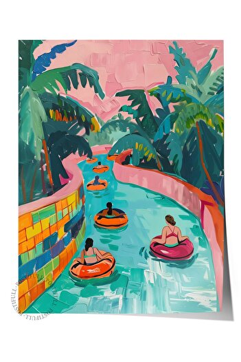 Postifull Frameless Wall Poster, People, River, Inflatables, Acrylic Painting, Pastel Tones, Multicolor Color