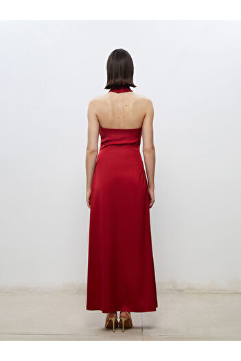 LC Waikiki Bordo Halter Yaka Saten Abiye Elbise