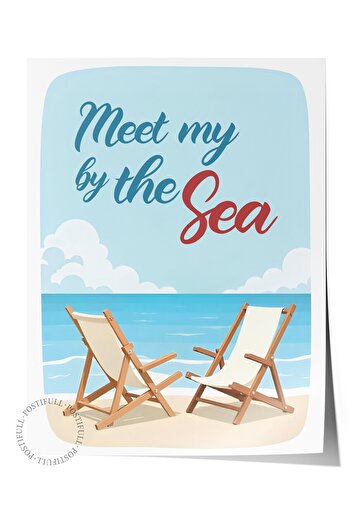 Postifull Frameless Wall Poster, Seaside Encounter, Illustration, Blue Color Poster, 2025 Summer Selection,