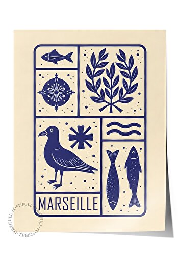 Postifull Frameless Wall Poster, Marseille, Illustration, Blue Color Poster, Summer Selection 2025, No:109572