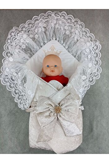 ALFA AKSESUAR 03 Newborn Palace Velvet Crown Embroidered Pearl Bow Double Lace Veil Trilux Swaddle Baby Blanket