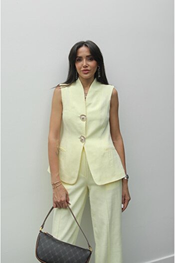 Havoş Light Yellow Tulipa Vest Trousers Linen Suit