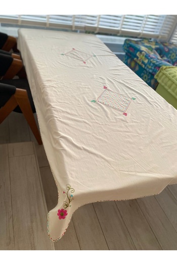 Bohemian Buldan Linen Natural Patchwork Embroidered 140 X 240 Table Cloth