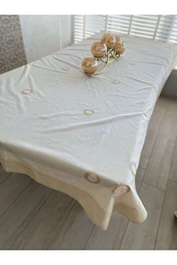 Bohemian Natural Buldan Linen Thin Lace Coffee Border 140 X 240 cm Table Cloth