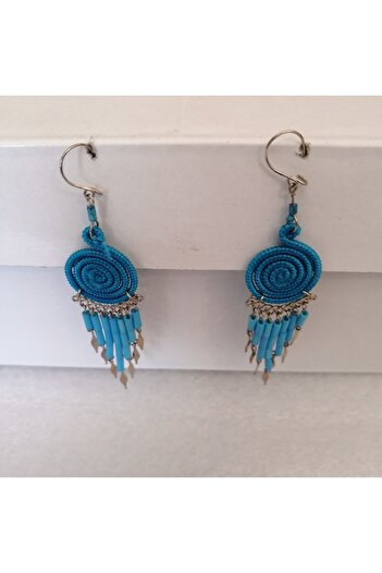 Butik Tülin Authentic Handmade Alpaca Wire Wrap Blue String Beaded Spiral Long Dangle Earrings 8.8X1.8 Made in Chile