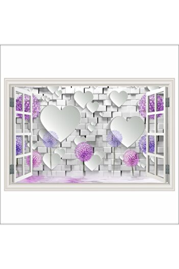 media Photo Wallpaper Window Purple Dandelions, White Brick Wall, Hearts, 300 x 200 cm