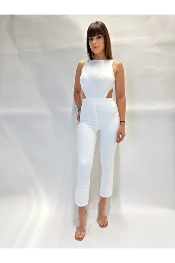 IFASTFASHION Salopetă albă fără mâneci cu decupaje laterale – Salopetă elegantă de vară, dintr-o bucată, denim alb