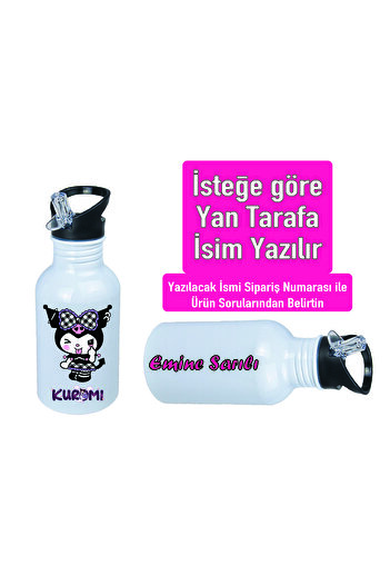 DKDZ SHOP Kuromiii Printed Metal Water Bottle with Straw and Hook 600ml. White
