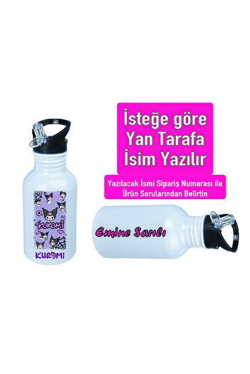 DKDZ SHOP Kuromiii Printed Metal Water Bottle with Straw and Hook 600ml. White