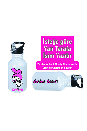DKDZ SHOP Kuromiii Printed Metal Water Bottle with Straw and Hook 600ml. White