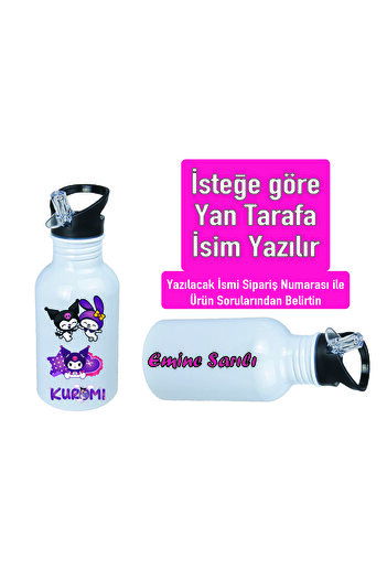 DKDZ SHOP Kuromiii Printed Metal Water Bottle with Straw and Hook 600ml. White