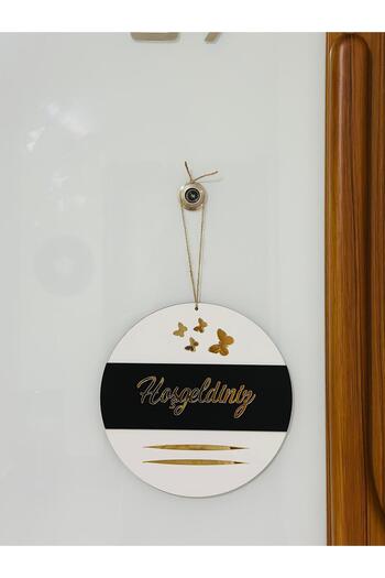 Pey Aksesuar Welcome Written Butterfly Detailed Mirrored Plexi Wooden Door Ornament Decorative