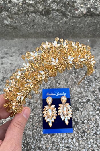 Hobigram Coroana de henna de mireasă Amelia Gold Accesoriu pentru ocazii speciale Coroană pentru femei și set de cercei subțiri