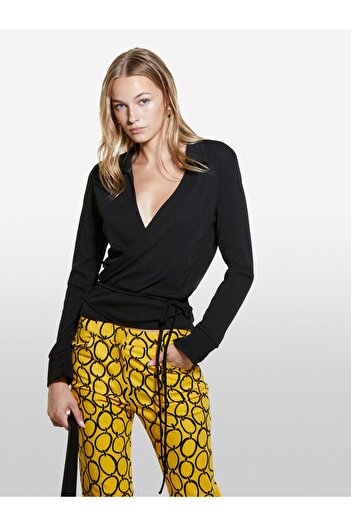 Sisley Long Sleeve Shirt Collar Blouse with Cross Detail on the Front Women's Black Shirt - 324A3Ftrl400R