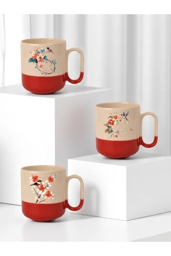 lili hediyelik Bird and Flower Printed Red Base 3-Piece Ceramic Mug