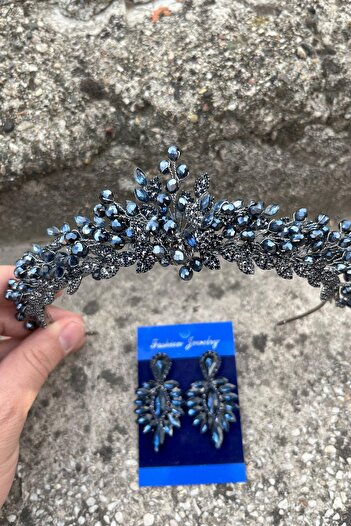 Hobigram Camilo Navy Blue Bridal Henna Crown Special Occasion Accessory Women's Crown and Thin Shuttle Earring Set