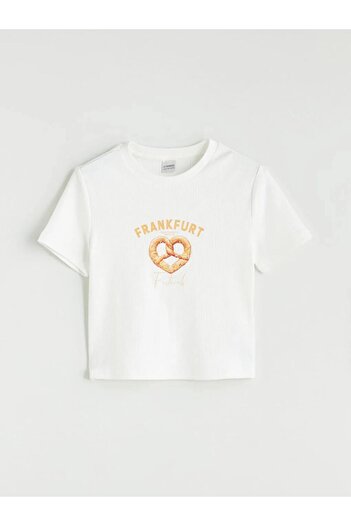 LC Waikiki Lcw Kids Ecru Crew Neck Frankfurt Printed Girl's Crop T-Shirt