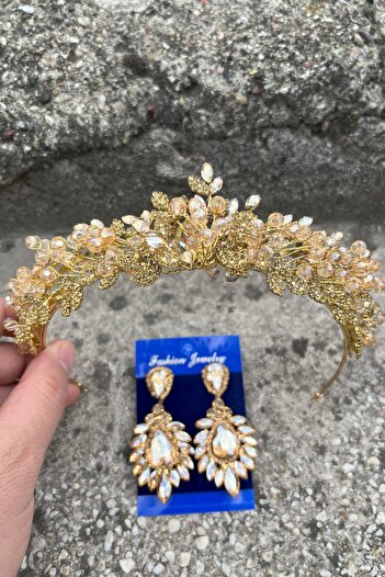 Hobigram Camilo Gold Bridal Henna Crown Accesoriu pentru ocazie specială Coroană pentru femei și set de cercei cu navetă lată