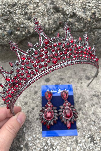 Hobigram Catalina Burgundy Bridal Henna Crown Special Occasion Accessory Women's Crown and Wide Shuttle Earring Set