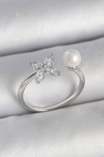 Skygo Brass Silver Color Zircon Stone Flower Model Pearl Detail Adjustable Women's Ring - Tj-Byk3726