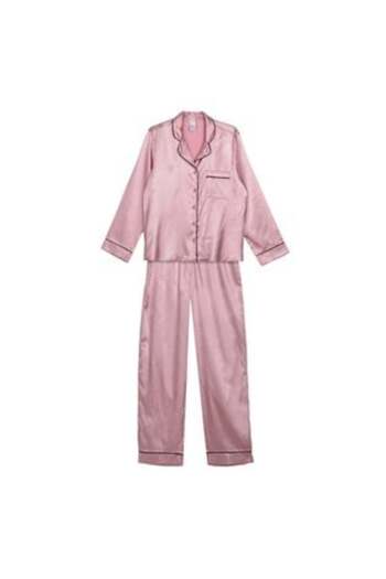 OEM Pink Satin Winter Pajama Set with Black Details for Women