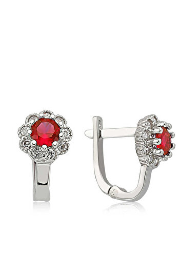 norsary Silver Red Flower Patterned Round J Women's Earrings