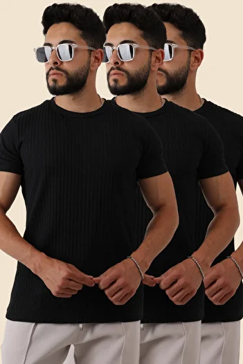 Oyga 3-Piece Men's Ribbed Zinox Fabric Sweater – Soft Textured Short Sleeve Basic Sweater