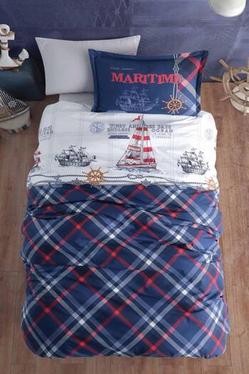 Clasy Ranforce 100% Cotton Single Duvet Cover Set Maritime V1 Navy Blue