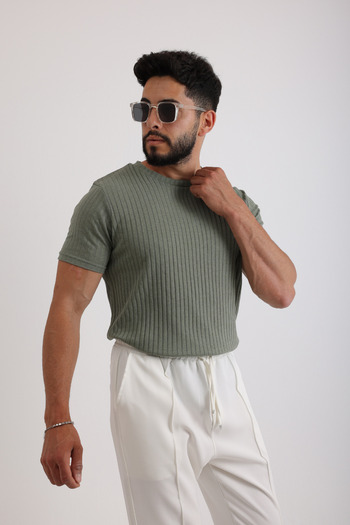 Oyga Men's Ribbed Zinox Fabric T-Shirt & Zippered Double Fabric Trousers Set