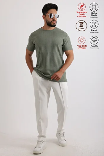 Oyga Men's Ribbed Zinox Fabric T-Shirt & Zippered Double Fabric Trousers Set