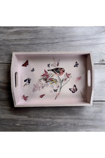Atölye Kiraz Bird and Butterfly Patterned Hand Decorated Wooden Tray – 20X30 cm (Dkr86)
