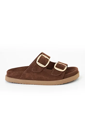 SOFT Women's Dark Brown Suede Double Buckle Comfortable Daily Slippers – Stylish and Lightweight Summer Sandals